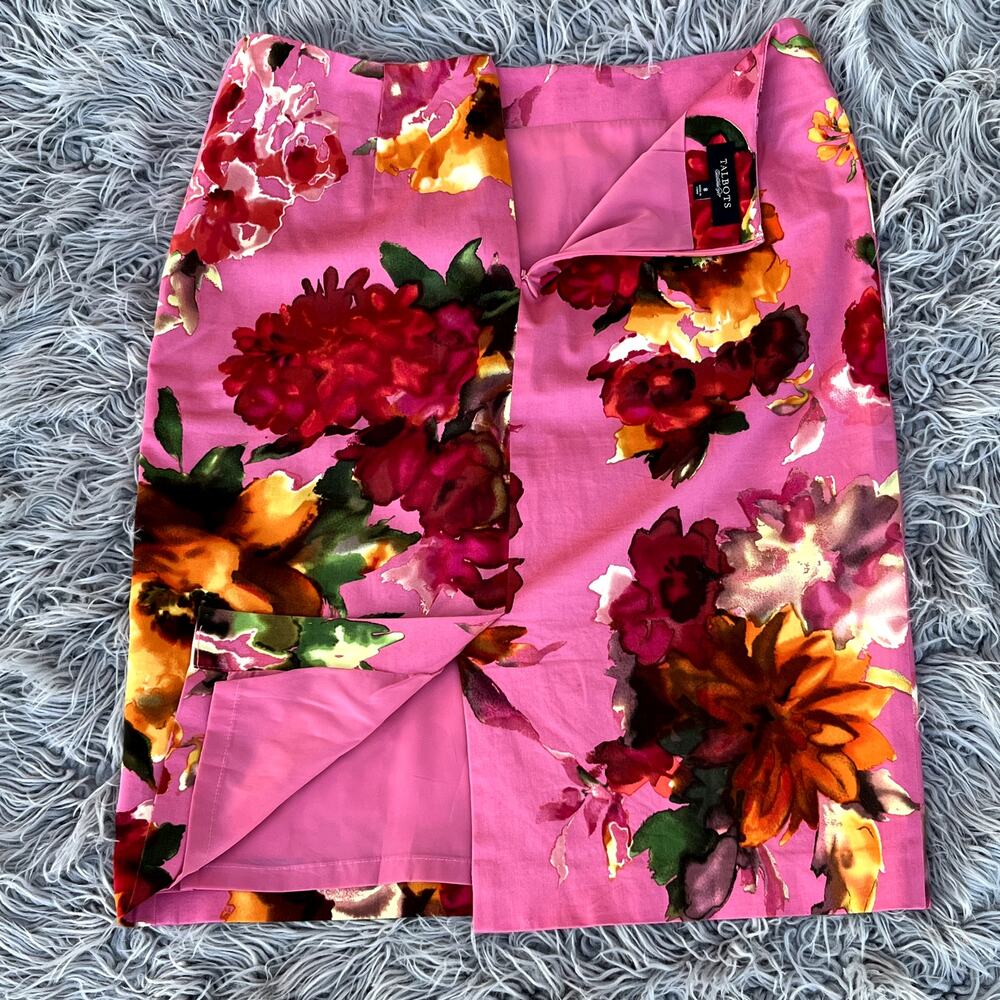 Talbots Midi Pencil Skirt Pink Lined Cotton Blend Watercolor Floral Womens 8 - Picture 5 of 5